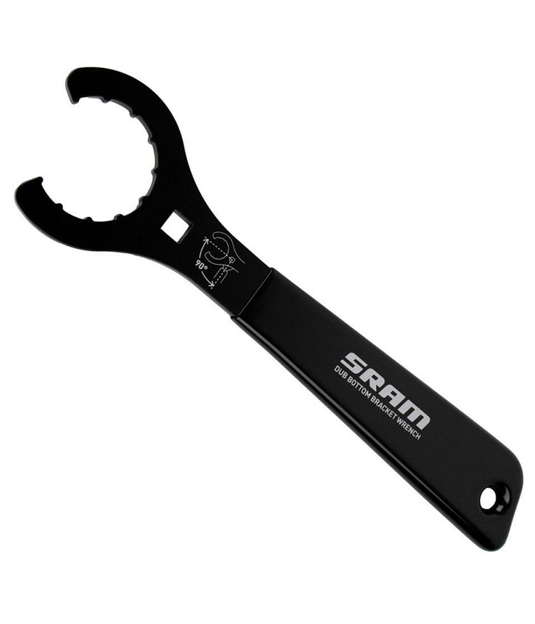 Sram-Tool-Dub-BSA Ett svart SRAM DUB Bottom Bracket-verktyg, presenterat i skarpt ljus mot en neutral bakgrund. Det visar en detaljerad vy av verktygets form och märkningsdesign, perfekt för användning på en sida om vevlagerverktyg.