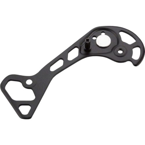 En Platta Shimano ytterplatta och fästbult RD-R8050-SS i svart metall med utskurna sektioner, en liten bult och en cirkelformad silverskiva, mot en vit bakgrund.