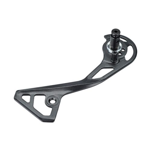 En Platta Shimano ytterplatta och fästbult RD-R8050-SS i svart metall med geometriska utskärningar och en central monteringsstolpe, isolerad mot en vit bakgrund.
