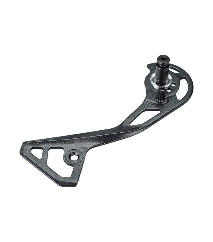 71DtSEeBnVL._AC_SL1500_ (1) En Platta Shimano ytterplatta och fästbult RD-R8050-SS i svart metall med geometriska utskärningar och en central monteringsstolpe, isolerad mot en vit bakgrund.