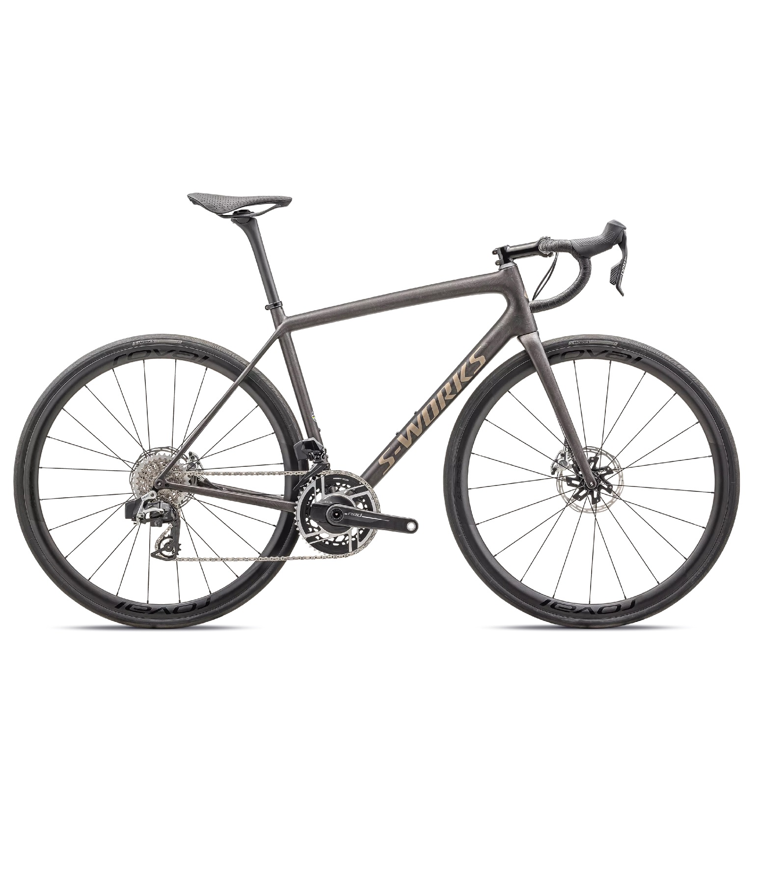 AETHOS-SW-ETAP-DOP-BRSH-GLDPRL En mattgrå Racer S-Works Aethos Sram Red AXS, 2x12s landsvägscykel med droppstyre, tunna däck och skivbromsar, visad i sidoprofil mot en vit bakgrund.