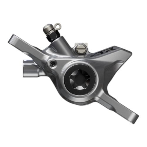 En närbild av Skivbromsok Shimano XTR BR-M9200 Fram/Bak-bromsoket, som visar metallfinishen, det centrala monteringshålet, de två utskjutande armarna och "XTR"-märkningen.