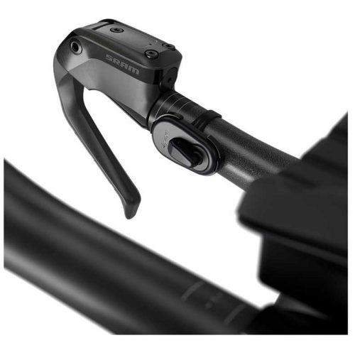 En närbild av ett svart styre visar Växelreglage Sram AXS trådlösa blips för racer/tempo 2x12-växlad, en trådlös SRAM-växel för landsvägs- och tempocyklar, fäst på cykeln.