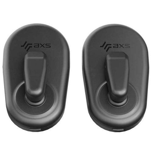 Ett par Växelreglage Sram AXS trådlösa blips för racer/tempo 2x12-växlad, svarta och ovala med "axs"-märke, var och en med ett centralt clips och slät yta, visas sida vid sida mot en vit bakgrund.