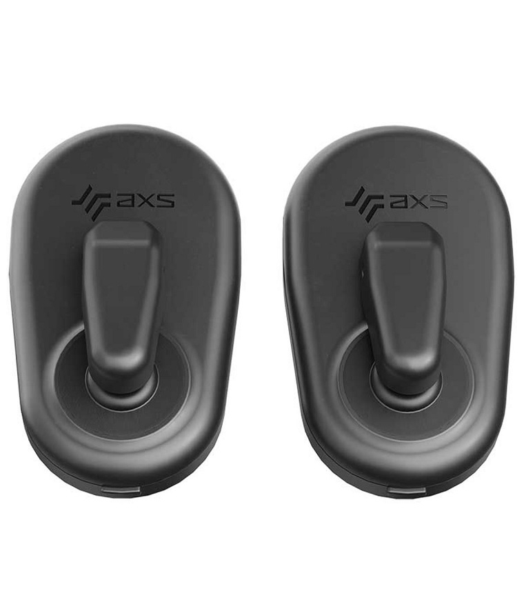 Blips-B1-AXS Ett par Växelreglage Sram AXS trådlösa blips för racer/tempo 2x12-växlad, svarta och ovala med "axs"-märke, var och en med ett centralt clips och slät yta, visas sida vid sida mot en vit bakgrund.
