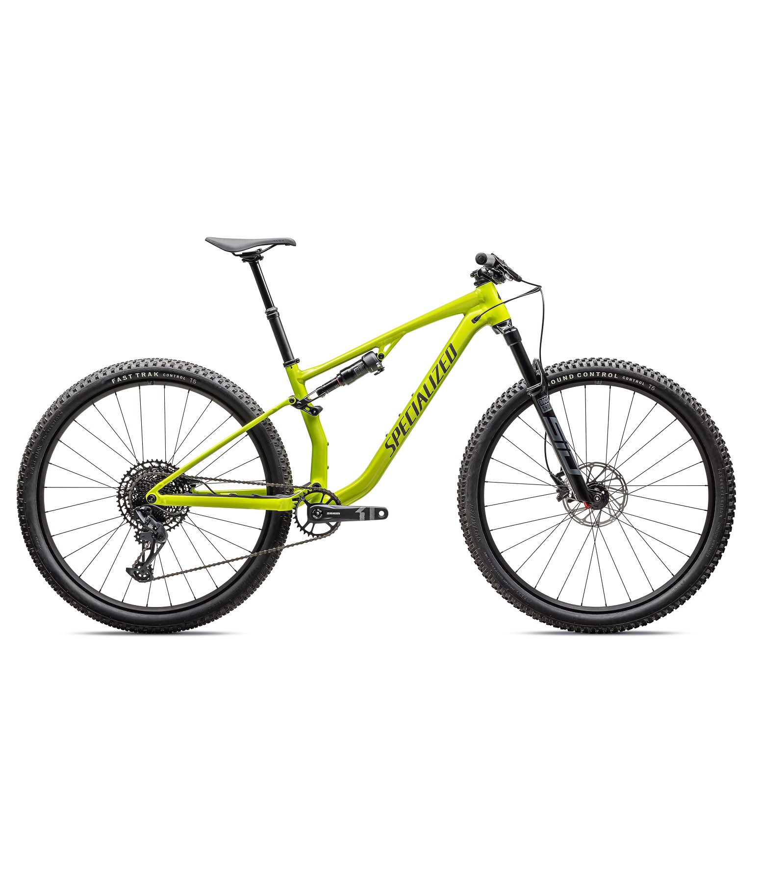 CHISEL-COMP-IONMET-SMKLQDMET En ljusgul MTB 29" Specialized Chisel FS Comp 29", Gul - 1x12s mountainbike med full fjädring, skivbromsar och knobbydäck, visad i profil mot en vit bakgrund.