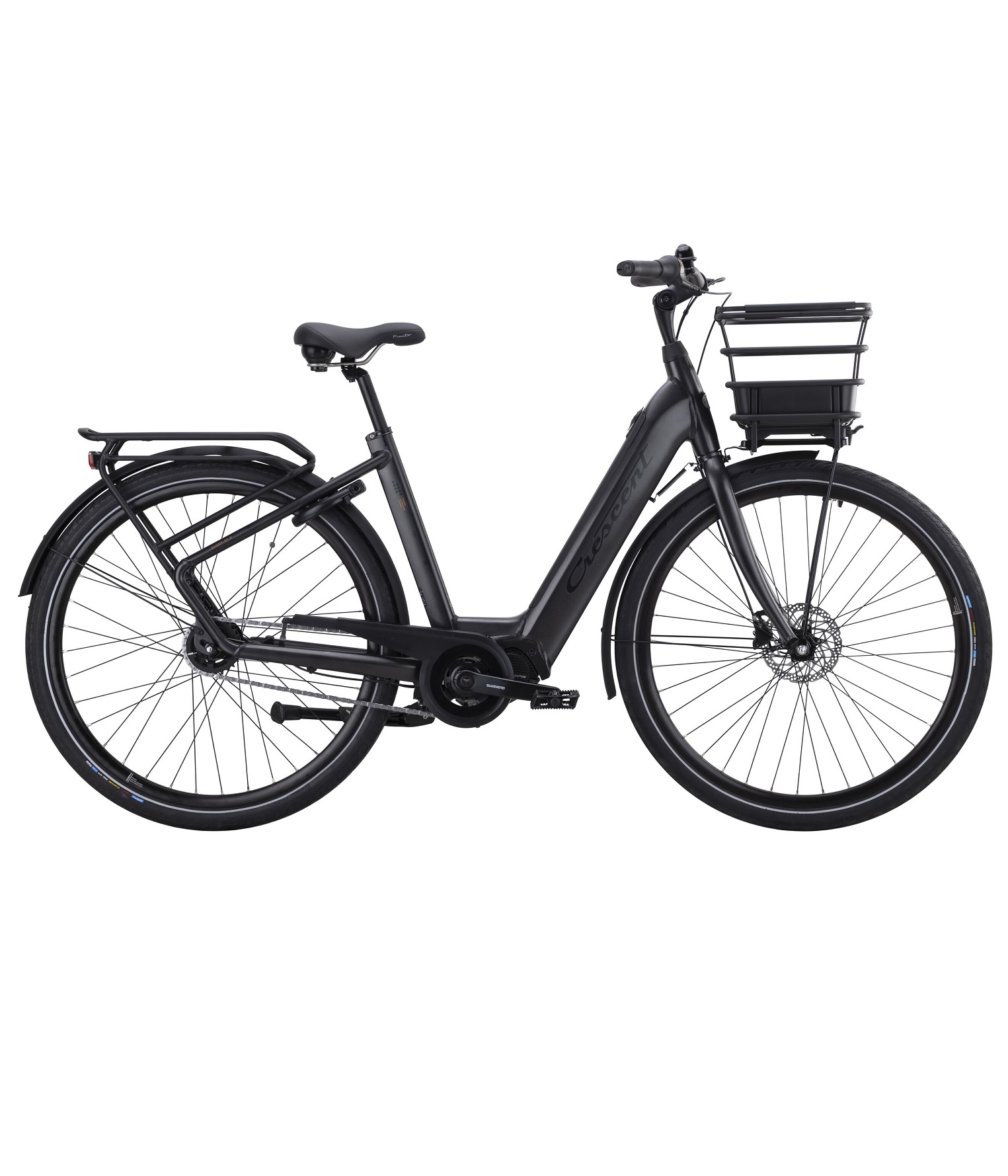 Crescent-Ebony-svart-1 En Crescent Elody 30 elcykel, mattsvart, med korg.