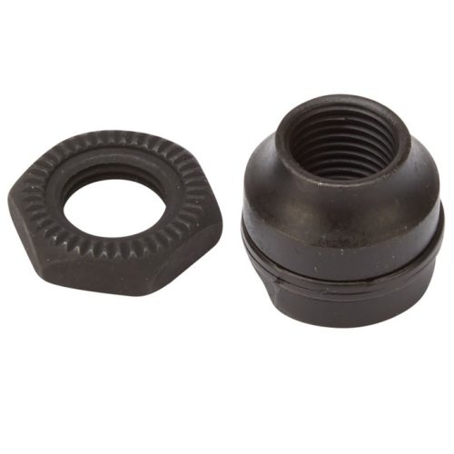 En Navkoner Shimano FH-RM66 sexkantsmutter i svart metall och matchande gängat lock, båda med räfflade ytor, visas sida vid sida på en vit bakgrund.