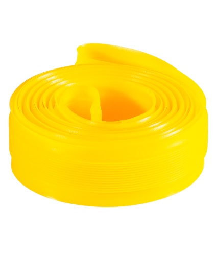 HPP-Gul En upprullad rulle av Fälgband Herrmans som tål höga tryck, 20-622/635 mm, i ljusgul flexibel plast med slät och blank yta, är placerad mot en vit bakgrund.