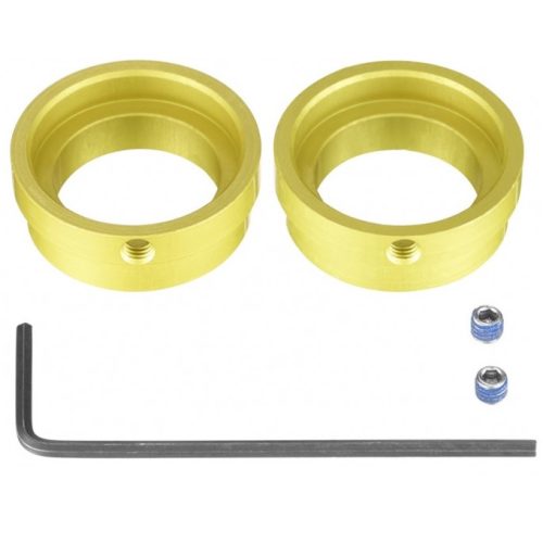Adapter Mavic för framhjul 15x110 mm innehåller två guldfärgade metallringar med gängade hål, två små skruvar med blått gänglås och ett L-format sexkantsverktyg, allt på en vit bakgrund.