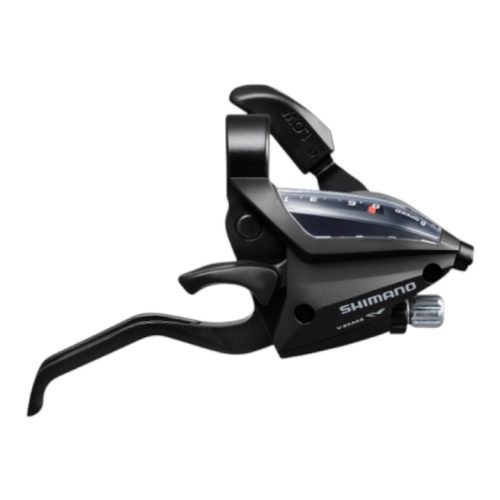 Shimano Växelreglage ST-EF500 8s är en svart växel- och bromsspaksenhet med växelindikator, utformad för bekväm montering på styret.