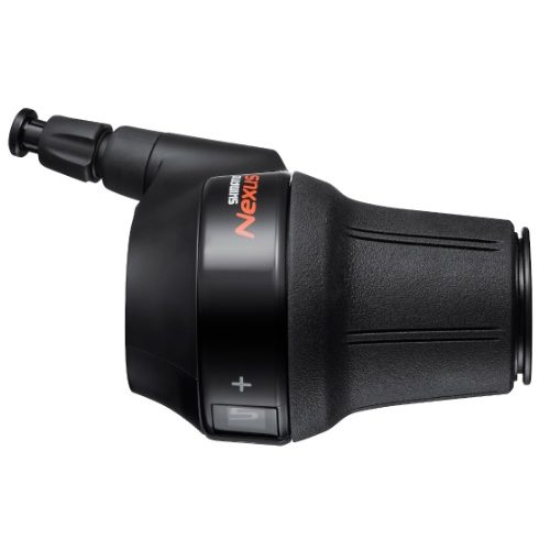 En svart Växelreglage Shimano Nexus SL-C7000-5 5-växlat växelreglage med texturerat grepp och plus/minus växelknappar visas mot en vit bakgrund.