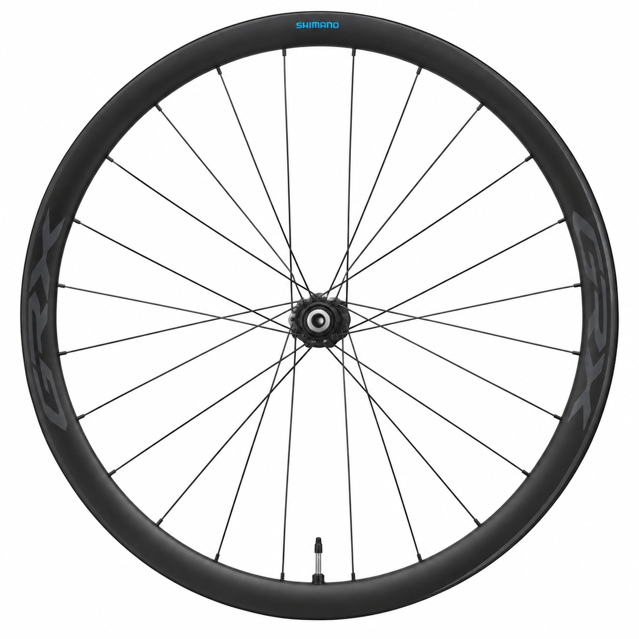 Shimano WH-RX870 TL Ett Shimano WH-RX870-hjul, utformat för att användas som antingen fram- eller bakhjul, visas stående och sett från sidan mot en vit bakgrund. Det svarta hjulet har tunna ekrar, och det blå Shimano-logotypen syns längst upp på fälgen.