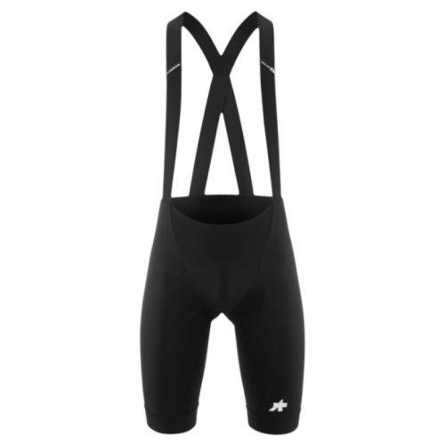 Ett par svarta Byxor Assos MILLE GT Herr bibshorts med axelband och en vit logotyp på vänster ben, mot en vit bakgrund.