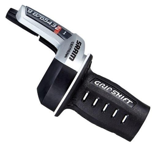 Svart och silver Växelreglage Sram Centera Twist Shifter 1:2-system, 9-växel, med texturerat grepp och synlig numrerad växelindikator, utformad för enkel montering på styret.