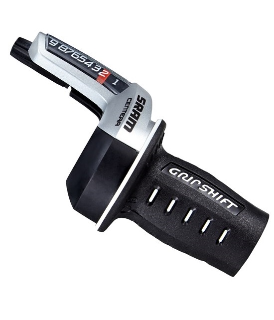 Sram-Centera-9 Svart och silver Växelreglage Sram Centera Twist Shifter 1:2-system, 9-växel, med texturerat grepp och synlig numrerad växelindikator, utformad för enkel montering på styret.
