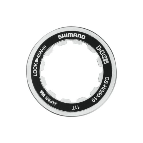 En svart och silverfärgad Shimano CS-HG50-10 kassettlåsring, märkt "LOCK 40Nm" och "JAPAN VIA", fungerar som distansring och låsring för cyklar. Produkten: Distans och låsring till Kassett Shimano CS-HG50-10.