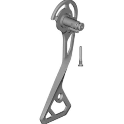 Shimano Ytterplatta inkl. fästbult RD-R8050-GS visas i grått med ett geometriskt metallfäste, en ansluten cylindrisk del och en separat skruv till höger, allt mot en vit bakgrund.
