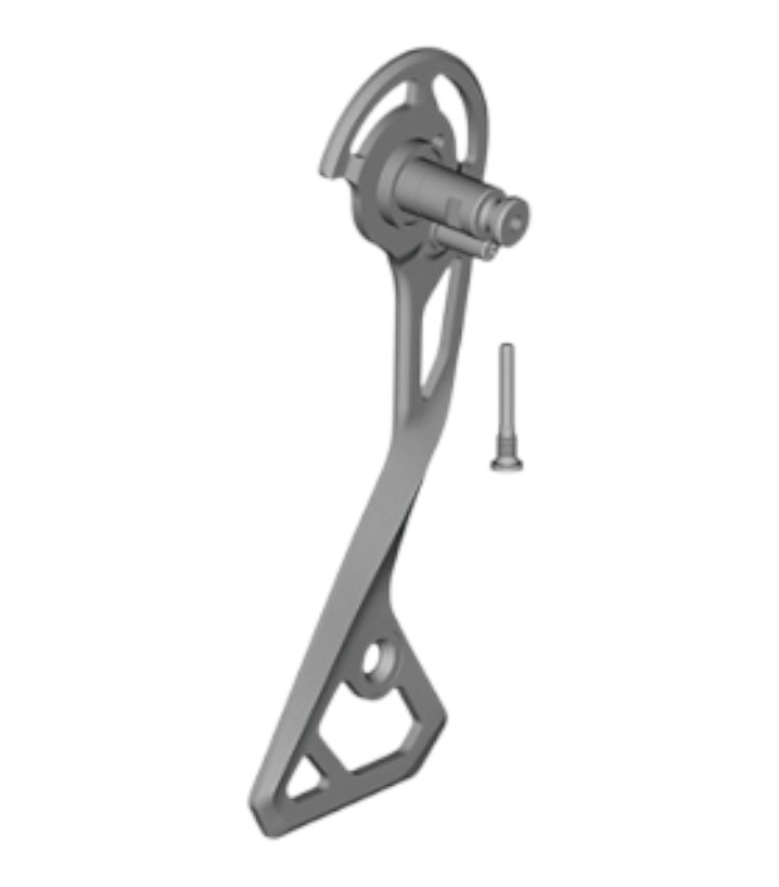 Y3HR98060-Y3HR98060-primary_1.jpg.thumb.572.572 Shimano Ytterplatta inkl. fästbult RD-R8050-GS visas i grått med ett geometriskt metallfäste, en ansluten cylindrisk del och en separat skruv till höger, allt mot en vit bakgrund.