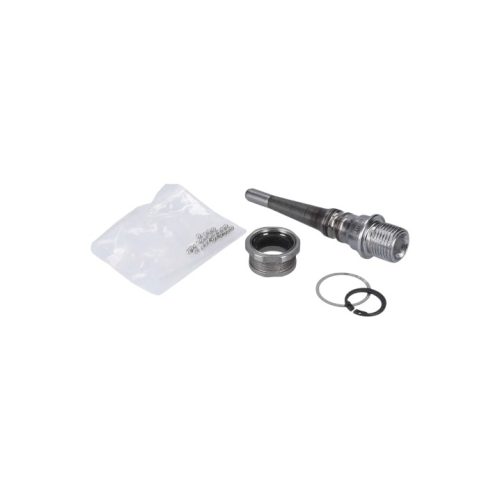 Pedalen Axel Höger Shimano Dura-Ace PD-RD9100 SPD-SL består av ett gängat ventilskaft, två ringar, en rund metallmutter och en liten plastpåse, allt mot en vit bakgrund.