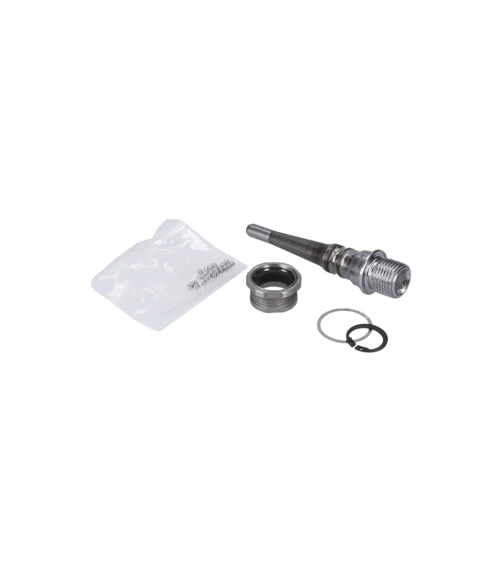 YL8898020-2 Pedalen Axel Höger Shimano Dura-Ace PD-RD9100 SPD-SL består av ett gängat ventilskaft, två ringar, en rund metallmutter och en liten plastpåse, allt mot en vit bakgrund.