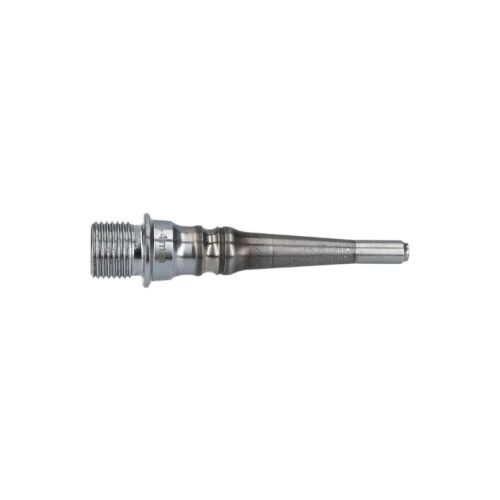 En metallisk Shimano Dura-Ace PD-RD9100 SPD-SL höger pedalaxel har en gängad vänsterände, en bredare mittsektion och en avsmalnande, slät axel med en smal spets till höger, visad mot en vit bakgrund.