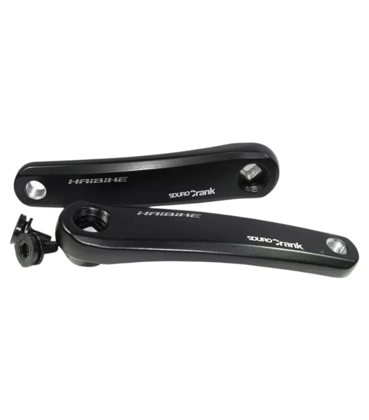 Yamaha-PWX-Crank-Set-FSA-ISIS-175mmjpg_a2c575bdf88240a23d05779fd6714c69 Två svarta Vevparti FSA -17 ISIS vevstakar till Winora Yakun med Yamaha-motor visas, en liggande och en något upphöjd. Båda har gängade pedalhål, med en metallbult placerad bredvid dem.
