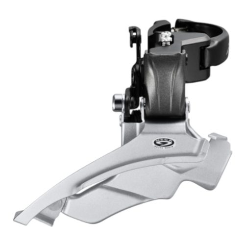 En silverfärgad och svart Framväxel Shimano Altus FD-M3716 3s cykelframväxel med klämfäste visas på en vit bakgrund, utformad för att växla kedjan mellan främre kedjehjul.
