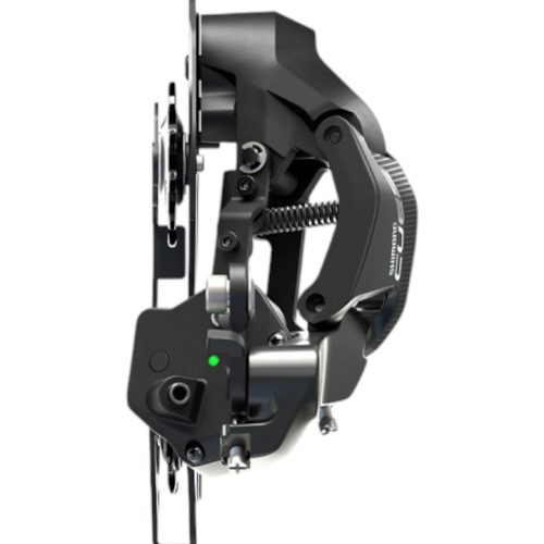 Bakväxel Shimano Cues Di2 RD-U6070, 11s är en svart mekanisk enhet med grönt ljus som erbjuder avancerad växlingsprestanda.