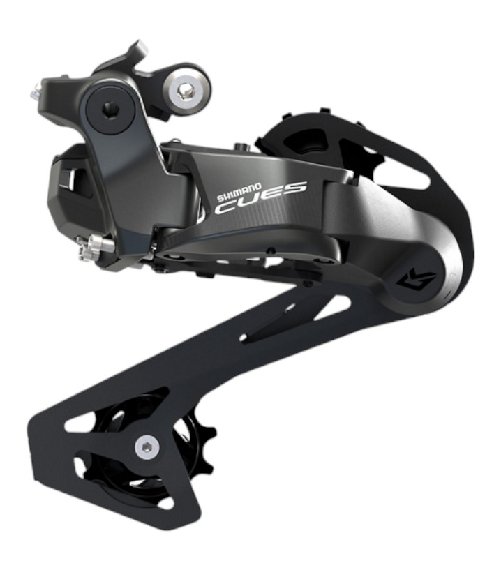 cues-di2-6070 En närbild av Bakväxel Shimano Cues Di2 RD-U6070, 11s bakväxel visar dess metallkropp, jockeyhjul och monteringsdetaljer mot en vit bakgrund.