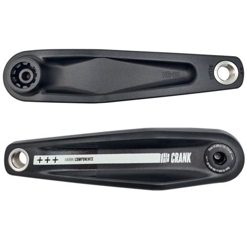 Två svarta Vevsats The Crank +++ Haibike-Xduro vevarmar för Bosch XC Gen 2-motorer visas sida vid sida; den ena har en silverfärgad rand med varumärkes- och modelldetaljer, medan den andra är slät och har en öppning för vevbulten.