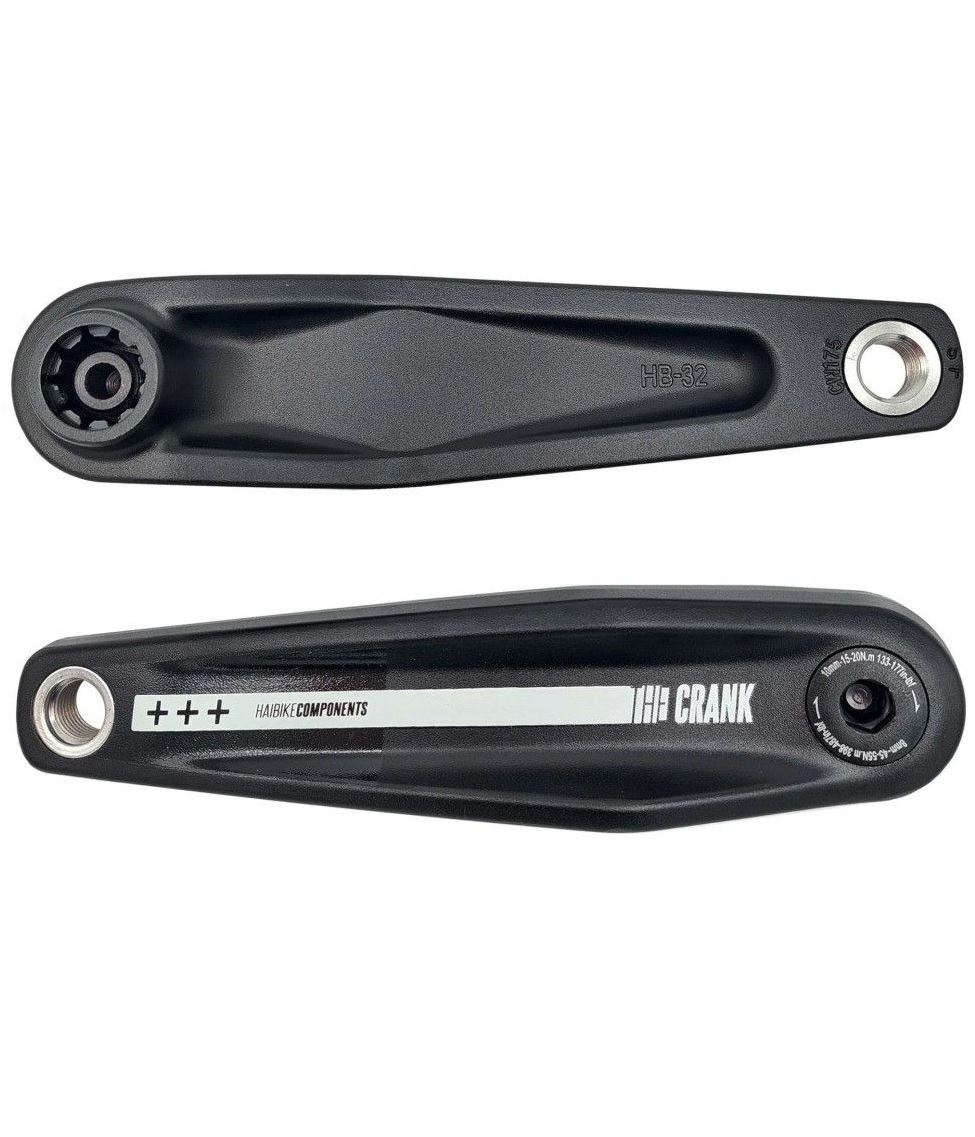 haibike-the-crank-cranks-arms-only Två svarta Vevsats The Crank +++ Haibike-Xduro vevarmar för Bosch XC Gen 2-motorer visas sida vid sida; den ena har en silverfärgad rand med varumärkes- och modelldetaljer, medan den andra är slät och har en öppning för vevbulten.