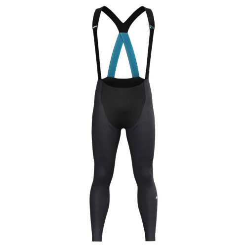 Ett par Byxor Assos Equipe RS Winter BIB Tights i svart med blå hängslen visas mot en vit bakgrund. Dessa cykeltights har en figurnära design och hellånga ben.