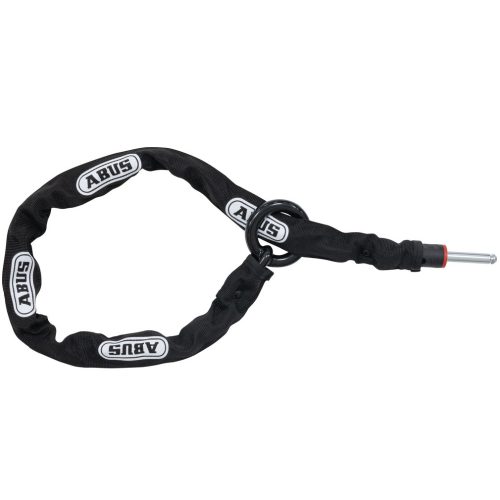 ABUS Plug-In kätting ACH 2.0 6KS är en svart cykellåskedja (6 x 850/1000/1300 mm) med en skyddande tyghylsa och låsstift i metall. ABUS-logotypen är tryckt upprepade gånger på hylsan.