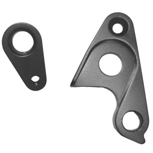 Två mekaniska delar i svart metall (växelöra Bianchi Methanol plus flera modeller) med hål och oregelbundna former visas mot en vit bakgrund. Den större har tre hål och en böjd design, den mindre har två hål och en enklare form.