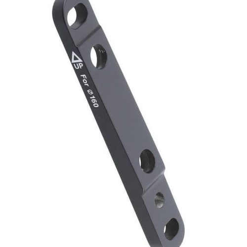 Ett Shimano BR-RS505 adapterfäste i svart metall med märkningen "UP For Ø160", utformat för att montera en 160 mm skivbromsrotor fram och konvertera från stolpmontering till plattmontering.