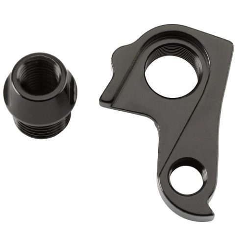 Växelöra Crescent Stark S10, S20, S30 växellådshängare och matchande gängad adapter i svart metall visas mot en vit bakgrund.