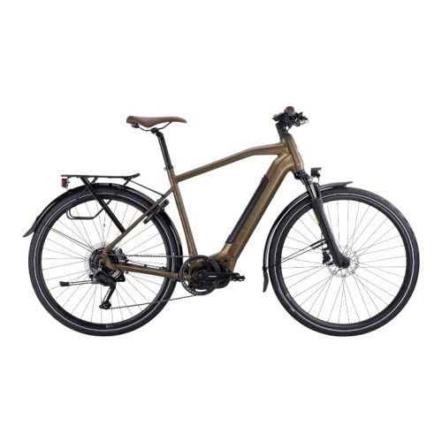 En Crescent Elder 40S Elcykel Centermotor 9-vxl i Forest Brown med step-over ram, pakethållare, fram-/bakskärmar, skivbromsar och underrörsbatteri, visad från sidan mot en vit bakgrund.