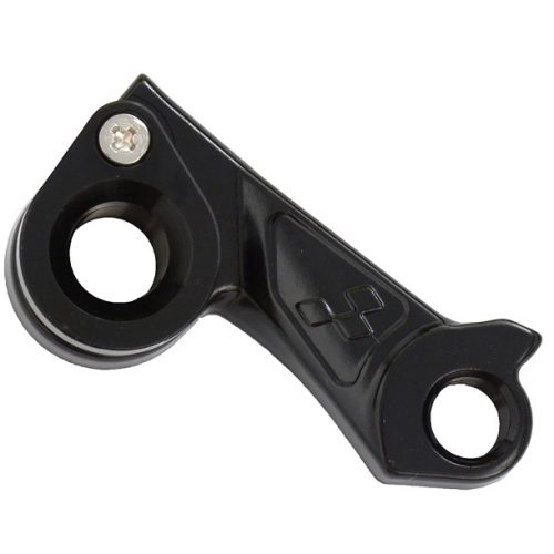 Växelöra Cube Racer/cykelcross-x12-lång modell år 2018/2020 är en svart metallväxelhängare med två monteringshål och en liten silverfärgad skruv i ena hörnet, visad mot en vit bakgrund.