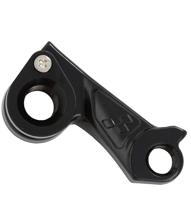 Cube-My18-Attain-Agree Växelöra Cube Racer/cykelcross-x12-lång modell år 2018/2020 är en svart metallväxelhängare med två monteringshål och en liten silverfärgad skruv i ena hörnet, visad mot en vit bakgrund.
