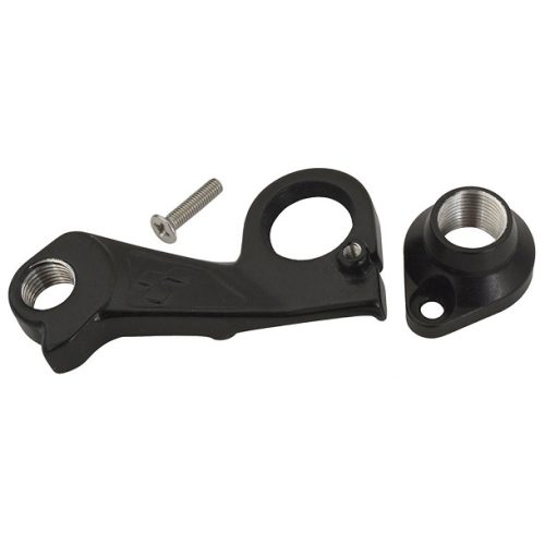 Växelöra Cube MTB-x12-lång för Shimano-2020 år är en svart metallväxelhållare med en matchande gängad insats och enkel skruv, visad på en vit bakgrund.