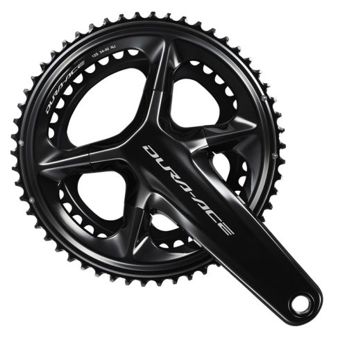 Ett svart Shimano Dura-Ace FC-R9200 54/40T 2x12s vevparti med två kedjehjul, sett ovanifrån mot en vit bakgrund. "Dura-Ace"-märket finns både på vevpartiet och på kedjehjulen.