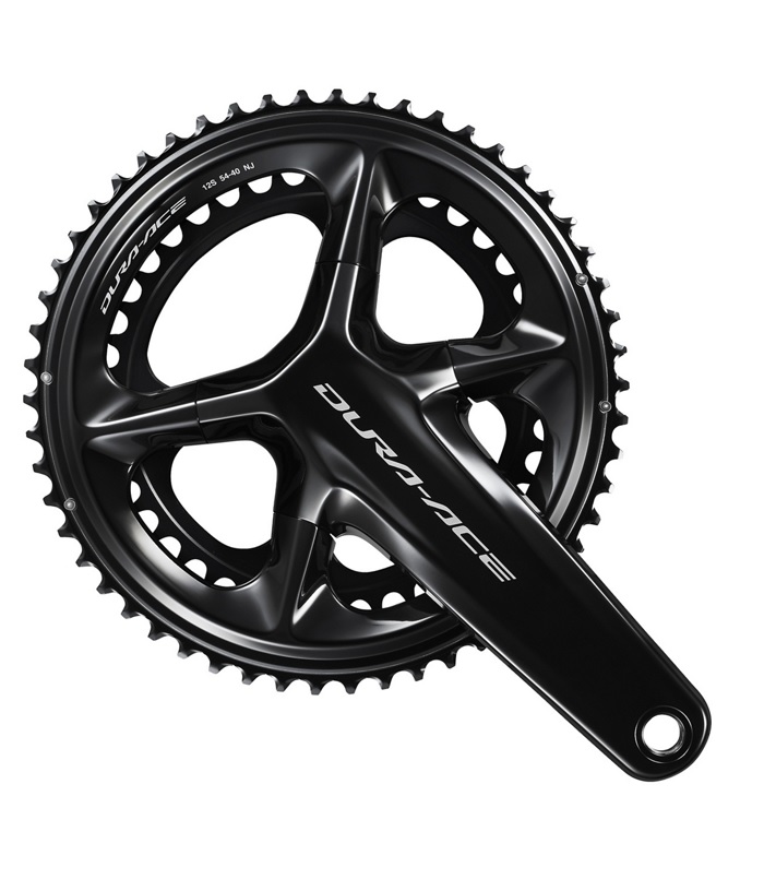 FC-R9200-54-40T Ett svart Shimano Dura-Ace FC-R9200 54/40T 2x12s vevparti med två kedjehjul, sett ovanifrån mot en vit bakgrund. "Dura-Ace"-märket finns både på vevpartiet och på kedjehjulen.
