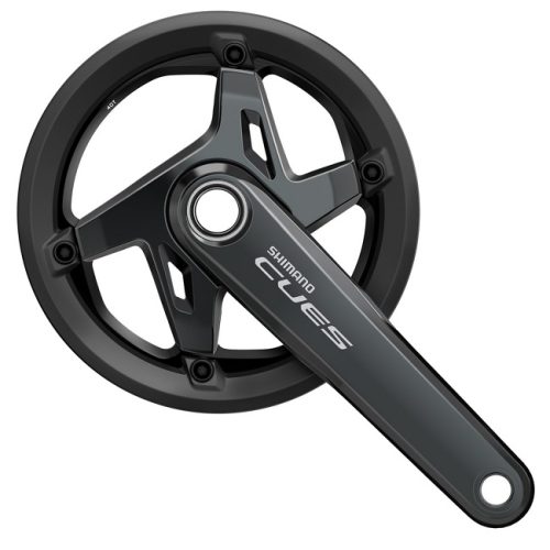 Ett svart Vevparti Shimano Cues FC-U8000-1 vevparti (40/42T för 9/10/11-växlar) med tre ekrar, enkel vevarm och kedjeskydd, sett uppifrån mot en vit bakgrund.