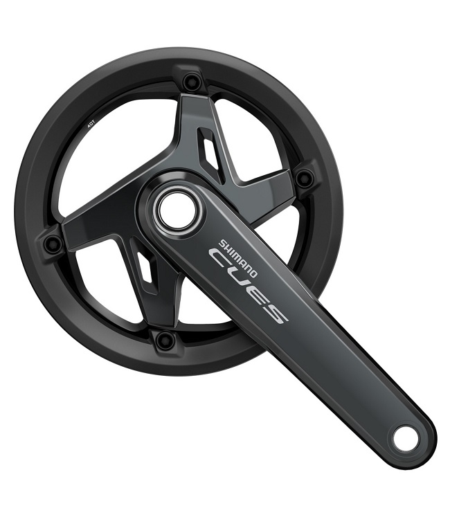 FC-U8000-1-40T-shimano Ett svart Vevparti Shimano Cues FC-U8000-1 vevparti (40/42T för 9/10/11-växlar) med tre ekrar, enkel vevarm och kedjeskydd, sett uppifrån mot en vit bakgrund.