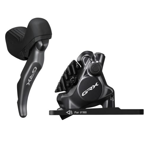 Skivbromsset Shimano GRX BL-RX820, BR-RX820 fram/bak, 2x12s har en svart bromsspak och ett hydrauliskt skivbromsok sida vid sida på en vit bakgrund, båda med GRX-logotypen i vitt.