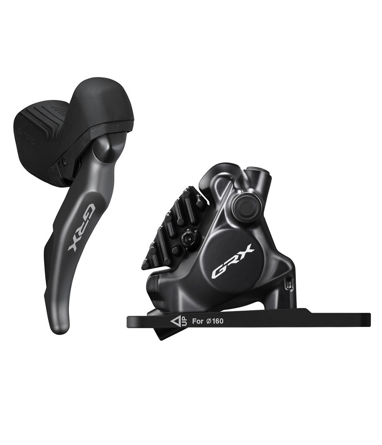 IRX820-bromsset Skivbromsset Shimano GRX BL-RX820, BR-RX820 fram/bak, 2x12s har en svart bromsspak och ett hydrauliskt skivbromsok sida vid sida på en vit bakgrund, båda med GRX-logotypen i vitt.