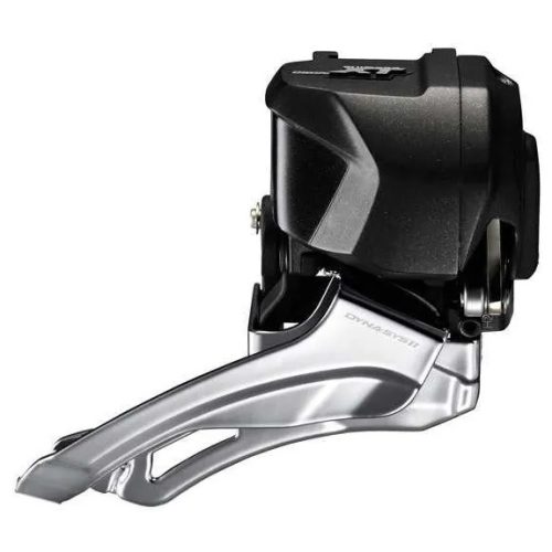 En närbild av Shimano XT FD-M8070 Di2 Braze-on framväxel, en 2x11-växlad modell med en elektronisk svart mekanism och en silverfärgad bur för exakt styrning av cykelkedjan.