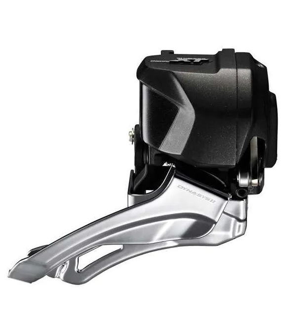 M8070 En närbild av Shimano XT FD-M8070 Di2 Braze-on framväxel, en 2x11-växlad modell med en elektronisk svart mekanism och en silverfärgad bur för exakt styrning av cykelkedjan.