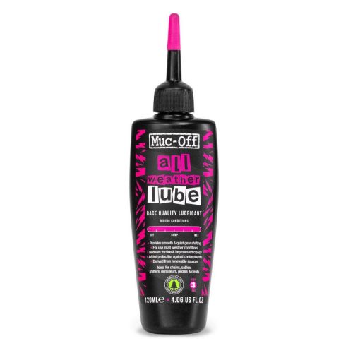 En svart flaska Kedjeolja Muc-Off Allweather Lube, 120 ml, med rosa applikatorspets och rosa och vit etikettgrafik, avsedd som smörjmedel för cykelkedjor.